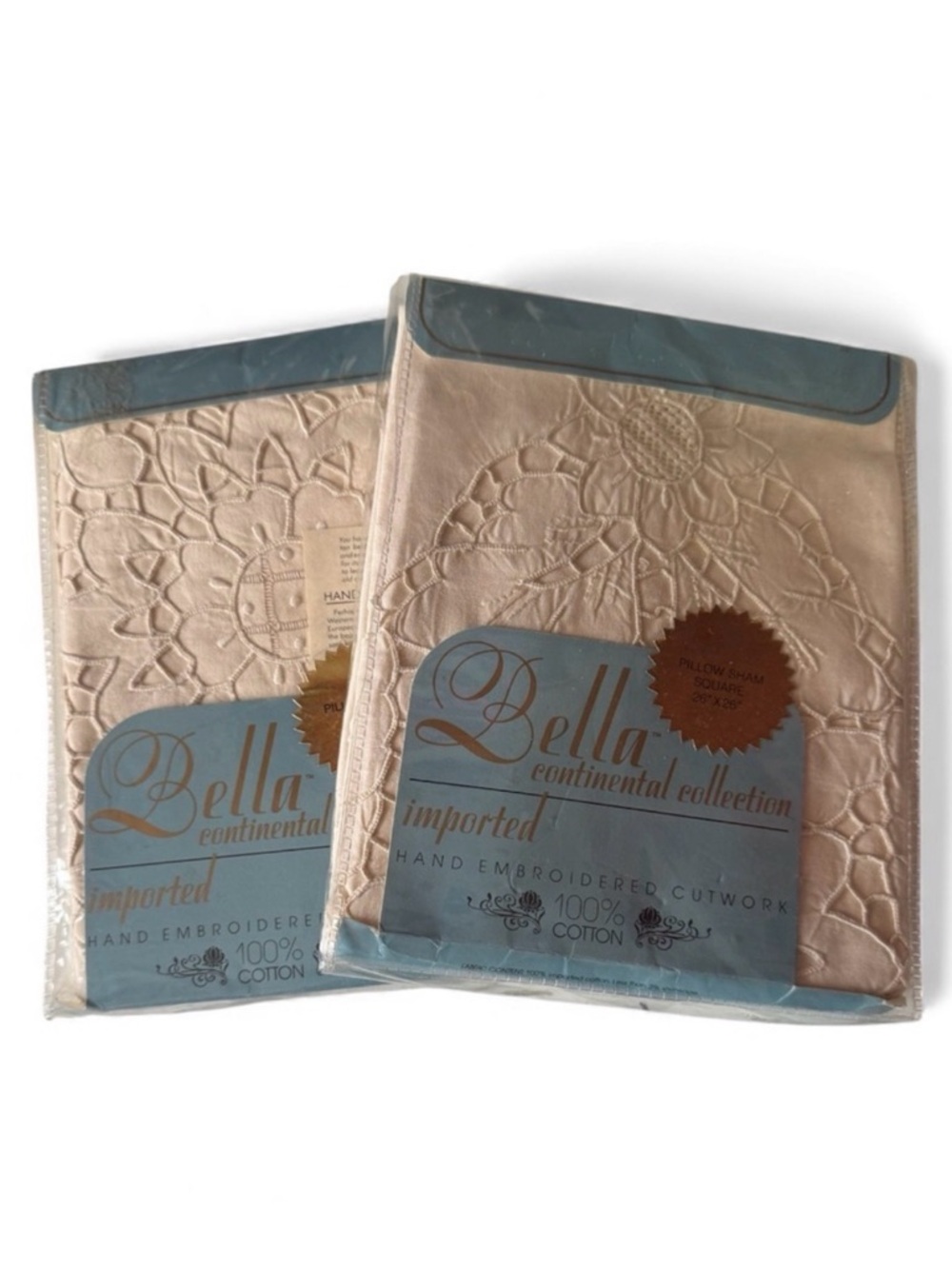Vintage Embroidered Ecru Square Cotton Pillow Shams Bella Continental 26 X 26”